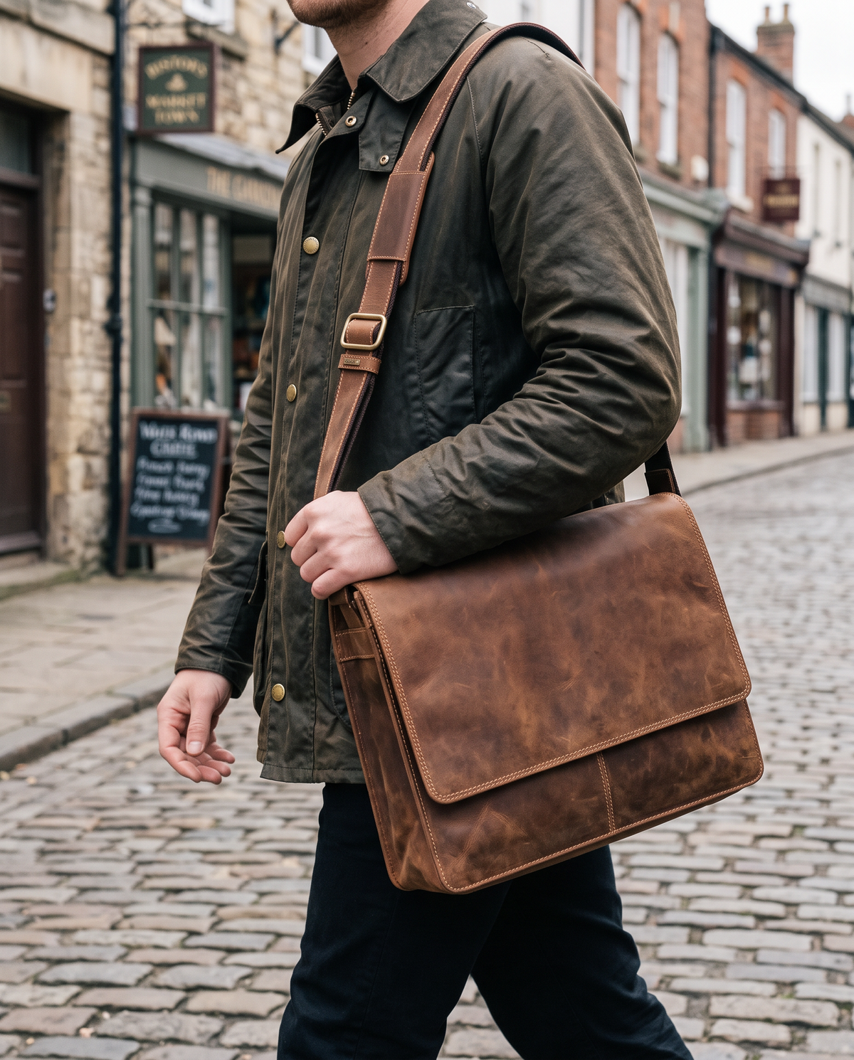 Harvard XL oil tan messenger bag, carried by a model