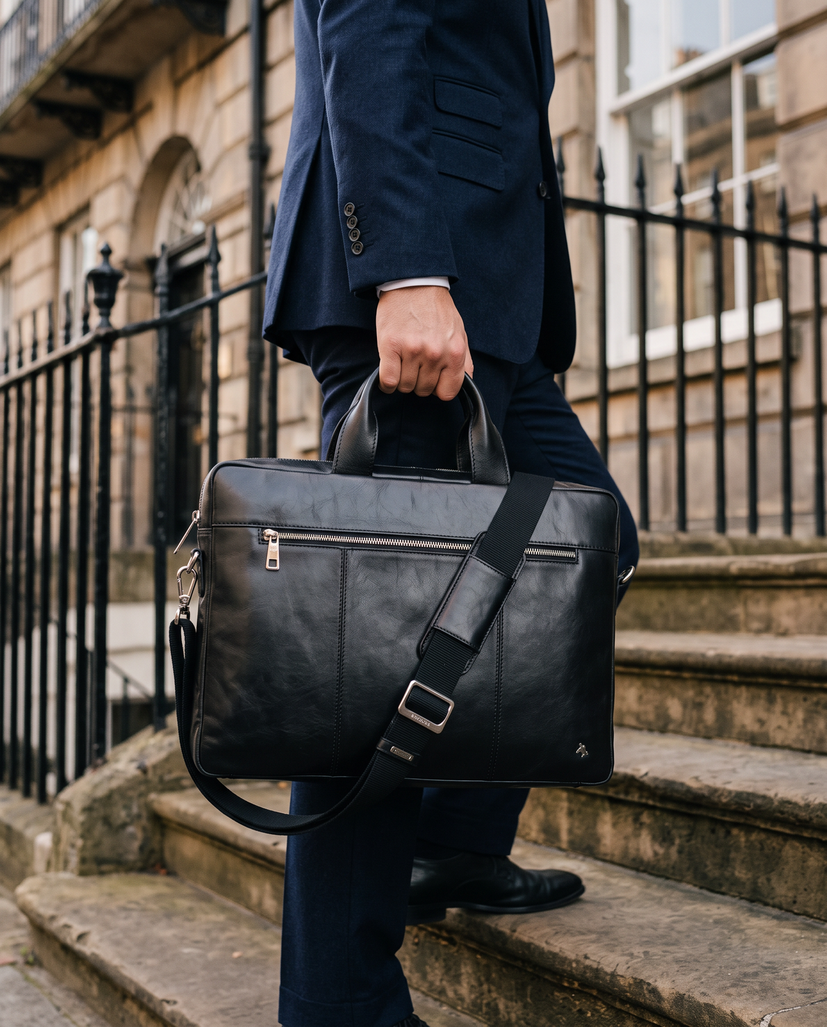 Charles 13" black laptop bag, carried by a model