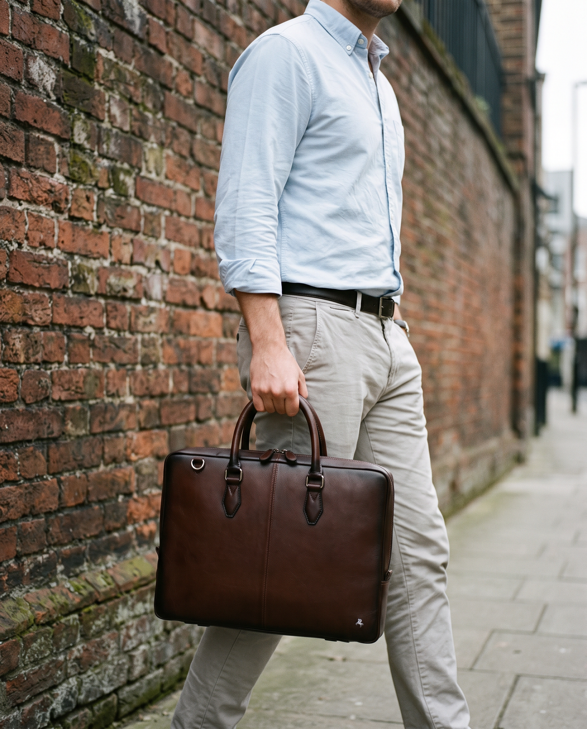 Carl burnished tan laptop bag, carried by a model