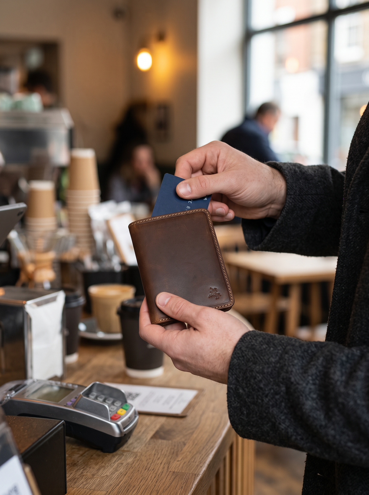 Taking a card from the Fabio rich tan wallet at a café counter