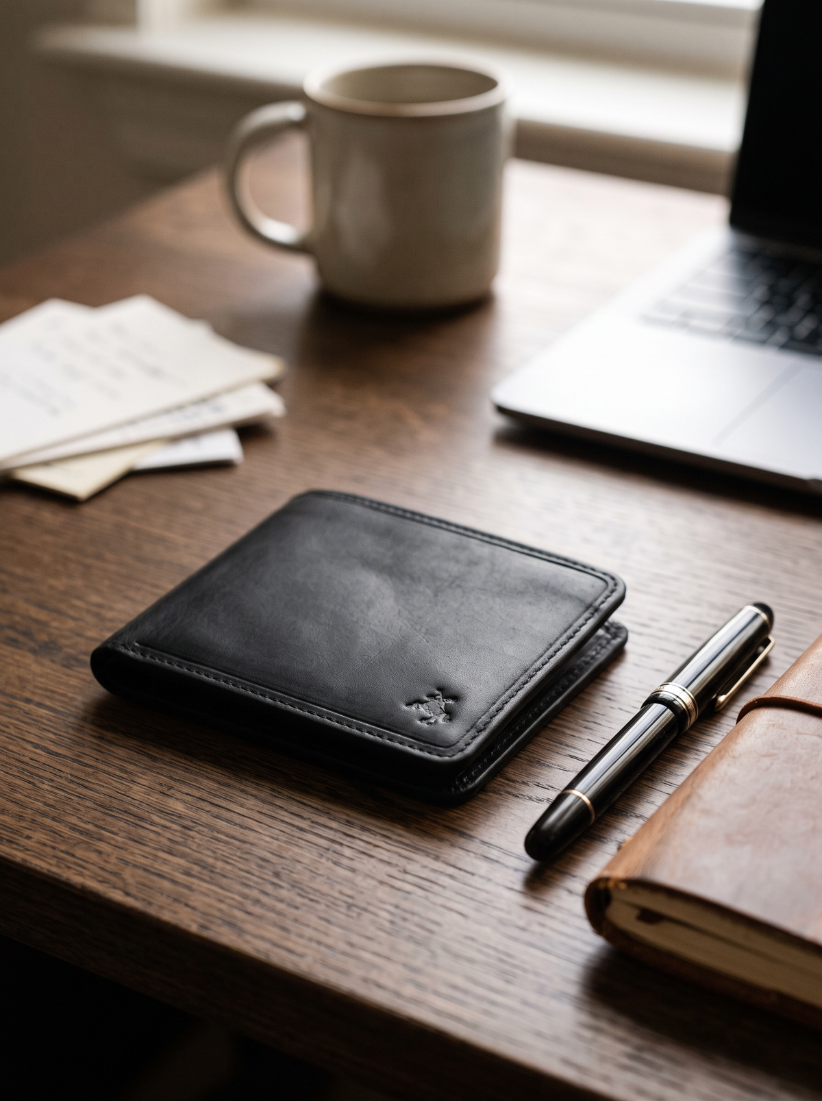 Rocco black leather wallet on an oak desk with a fountain pen