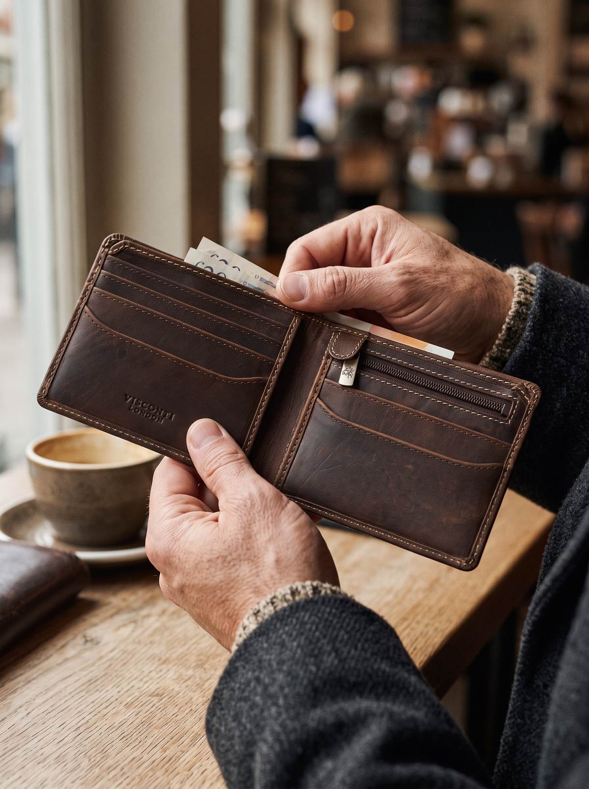 Rocco rich tan wallet held open, showing cards and the zipped coin pocket
