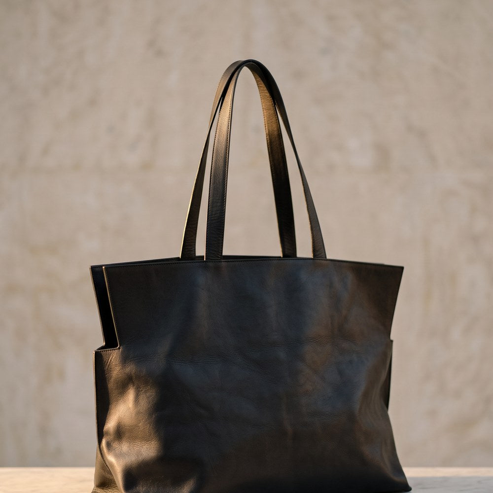 Black Leather Maxi Tote Bag