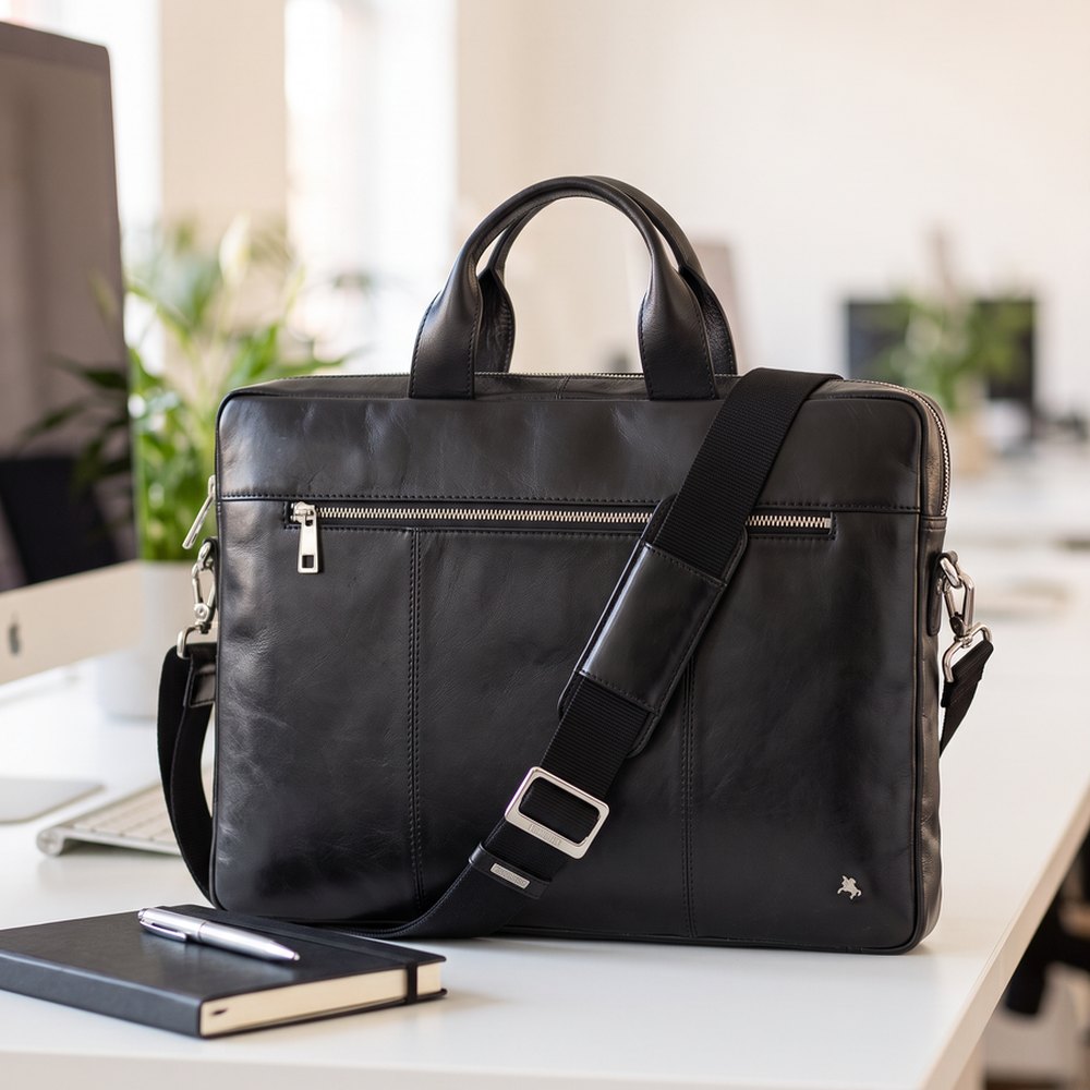 Charles 13" Leather Slim Laptop Briefcase – Black