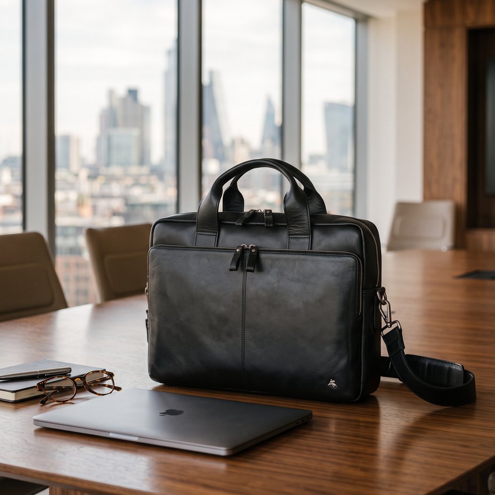 Hugo 15" Leather Zip-Top Laptop Bag – Black