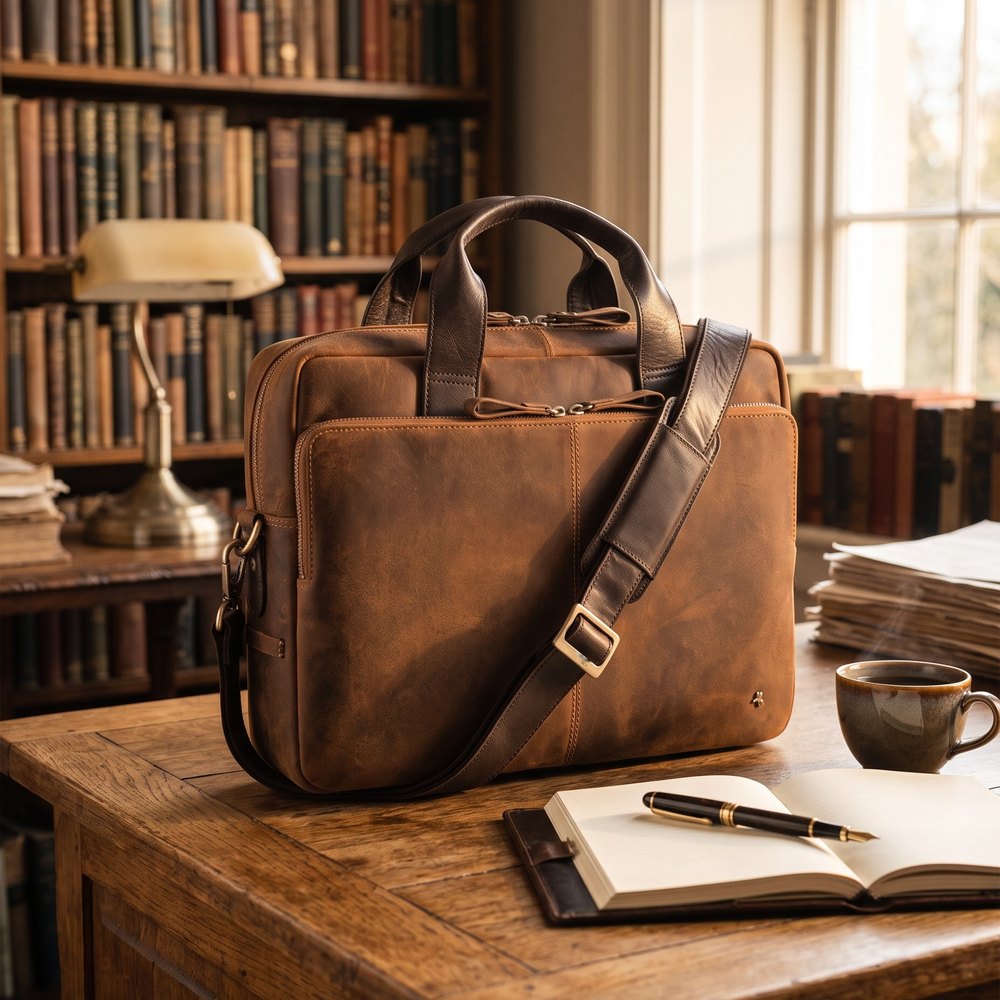 Hugo 15" Leather Zip-Top Laptop Bag – Tan/Brown