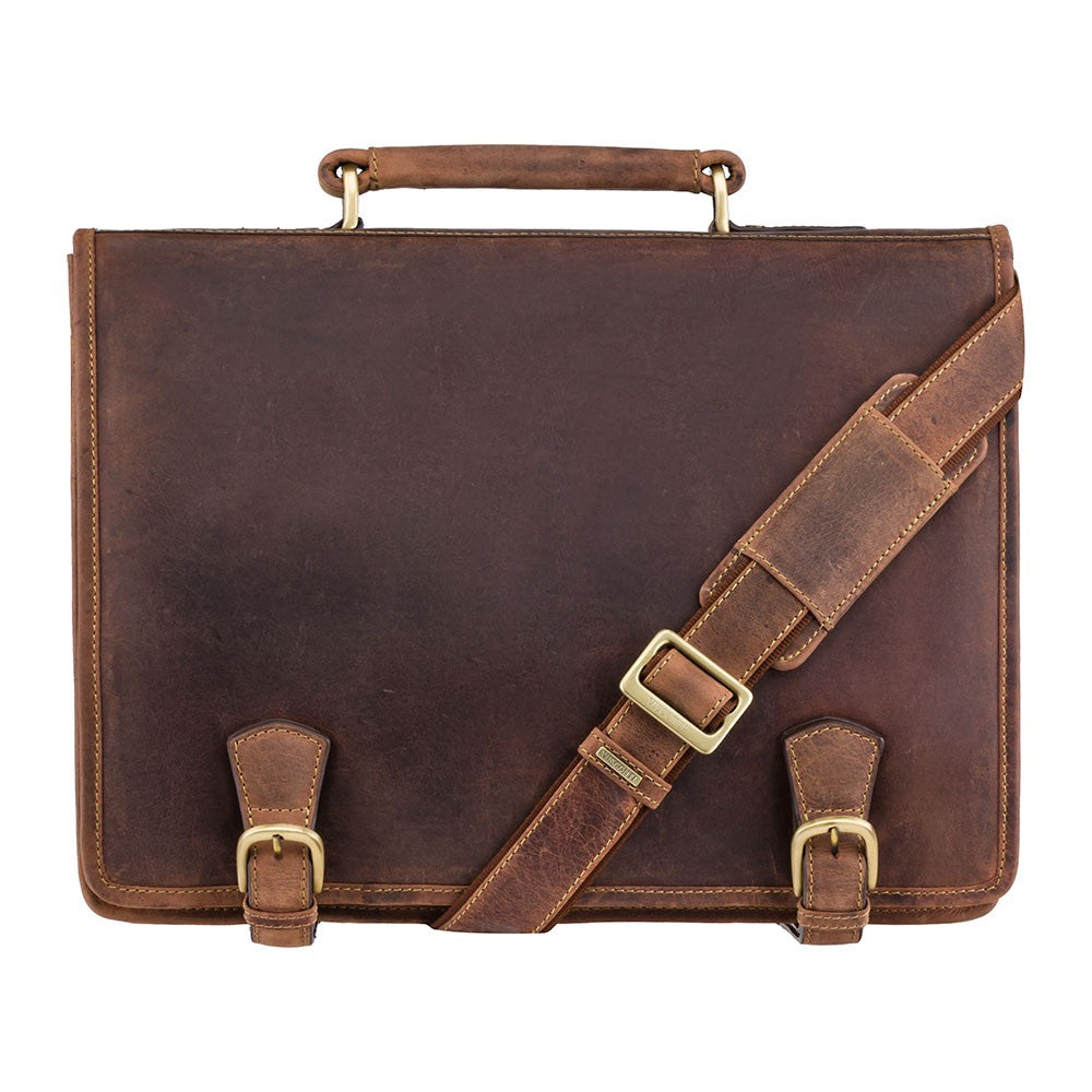 Hulk oil tan briefcase, front view with shoulder strap