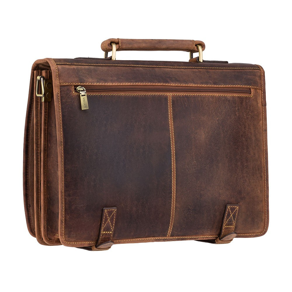 Hulk oil tan briefcase, back view showing the zip pocket