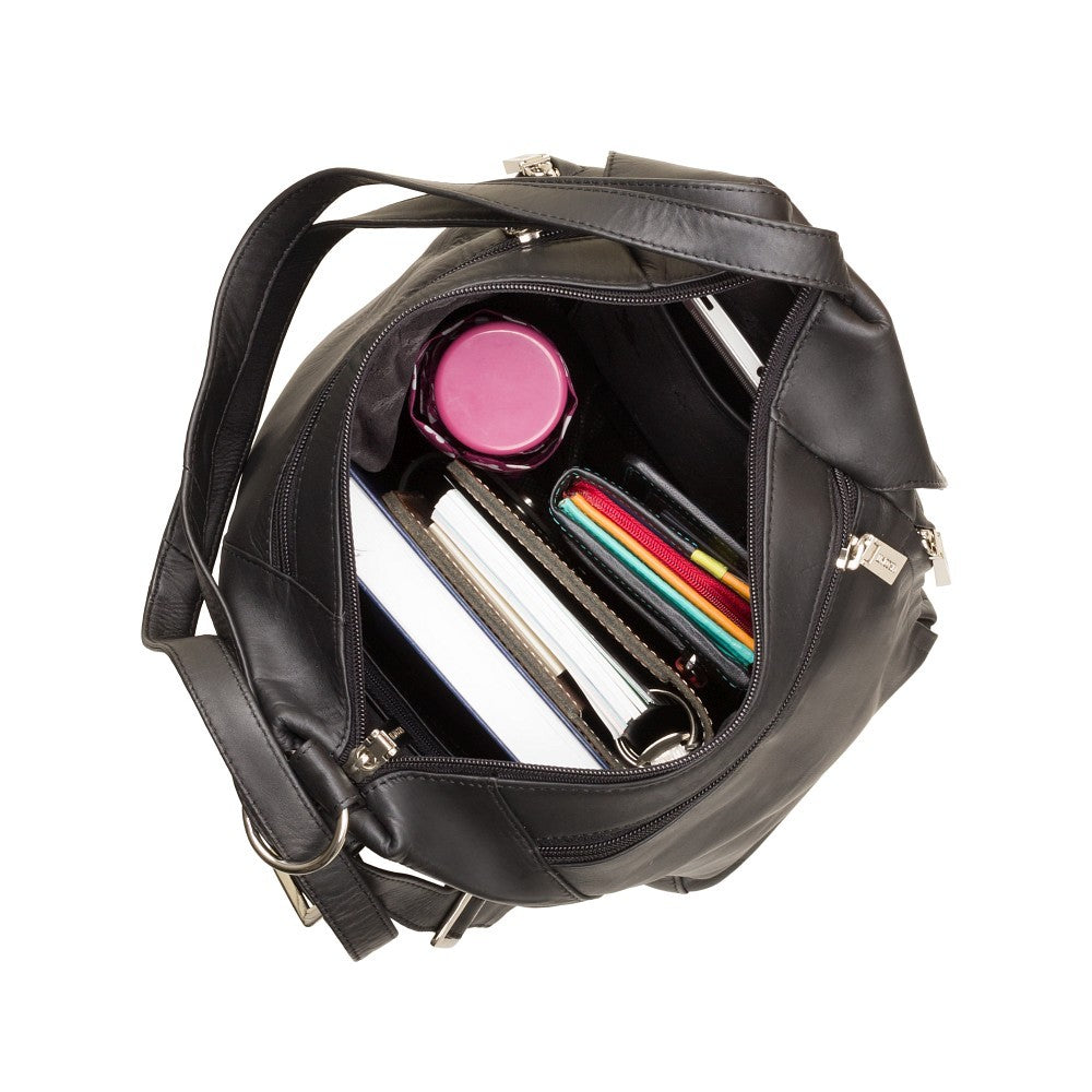Danii black backpack, open from above, showing the interior