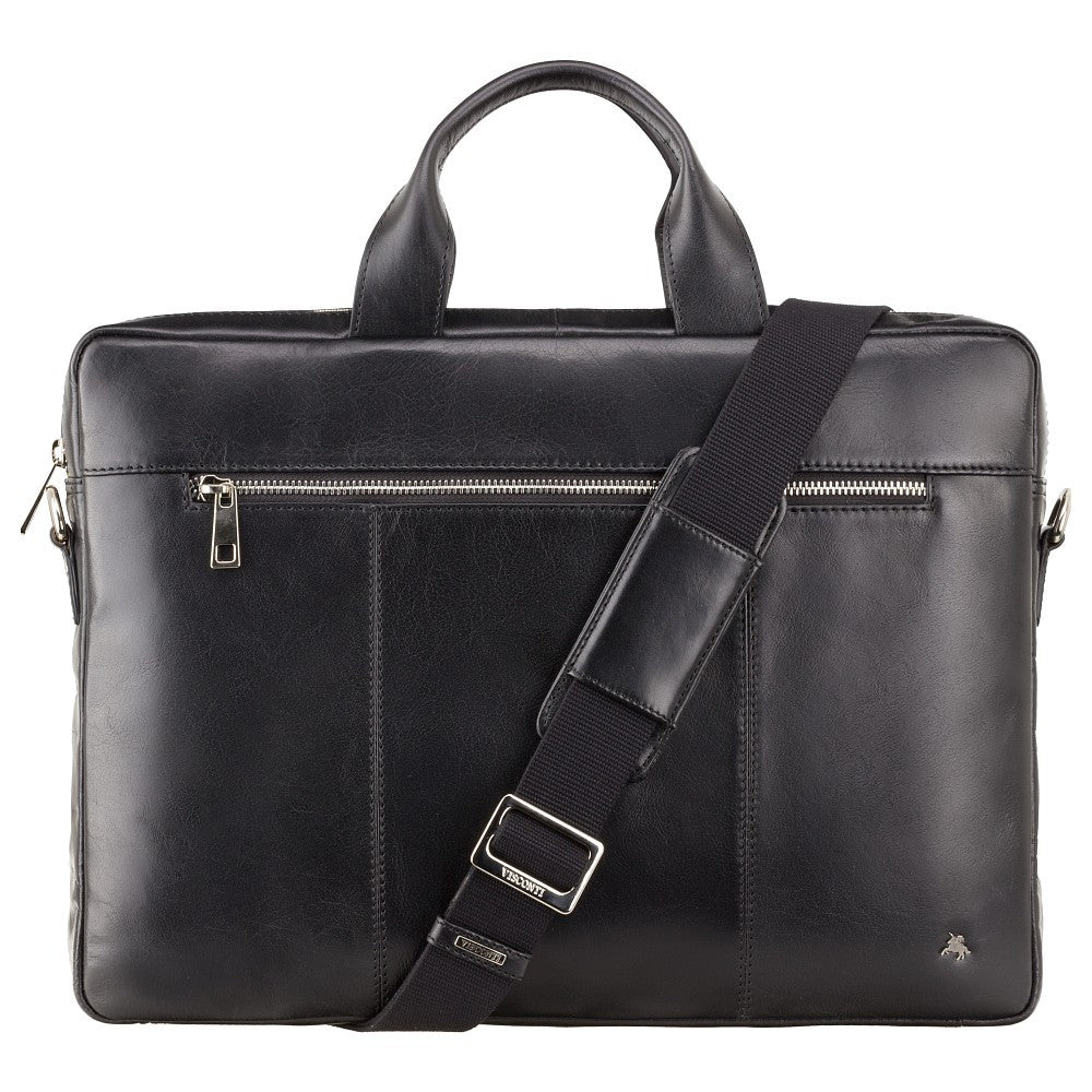 Charles 13" black laptop bag, front view with shoulder strap