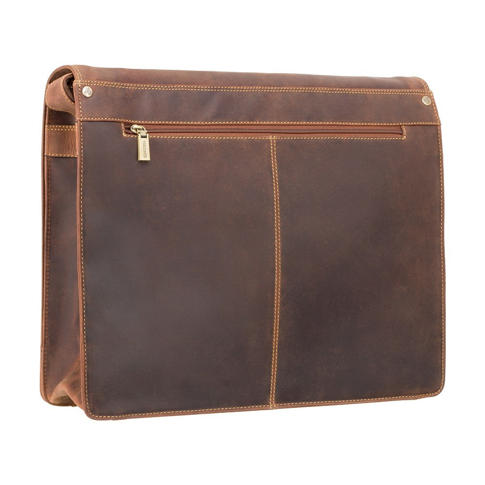 Harvard XL oil tan messenger bag, back view showing the zip pocket