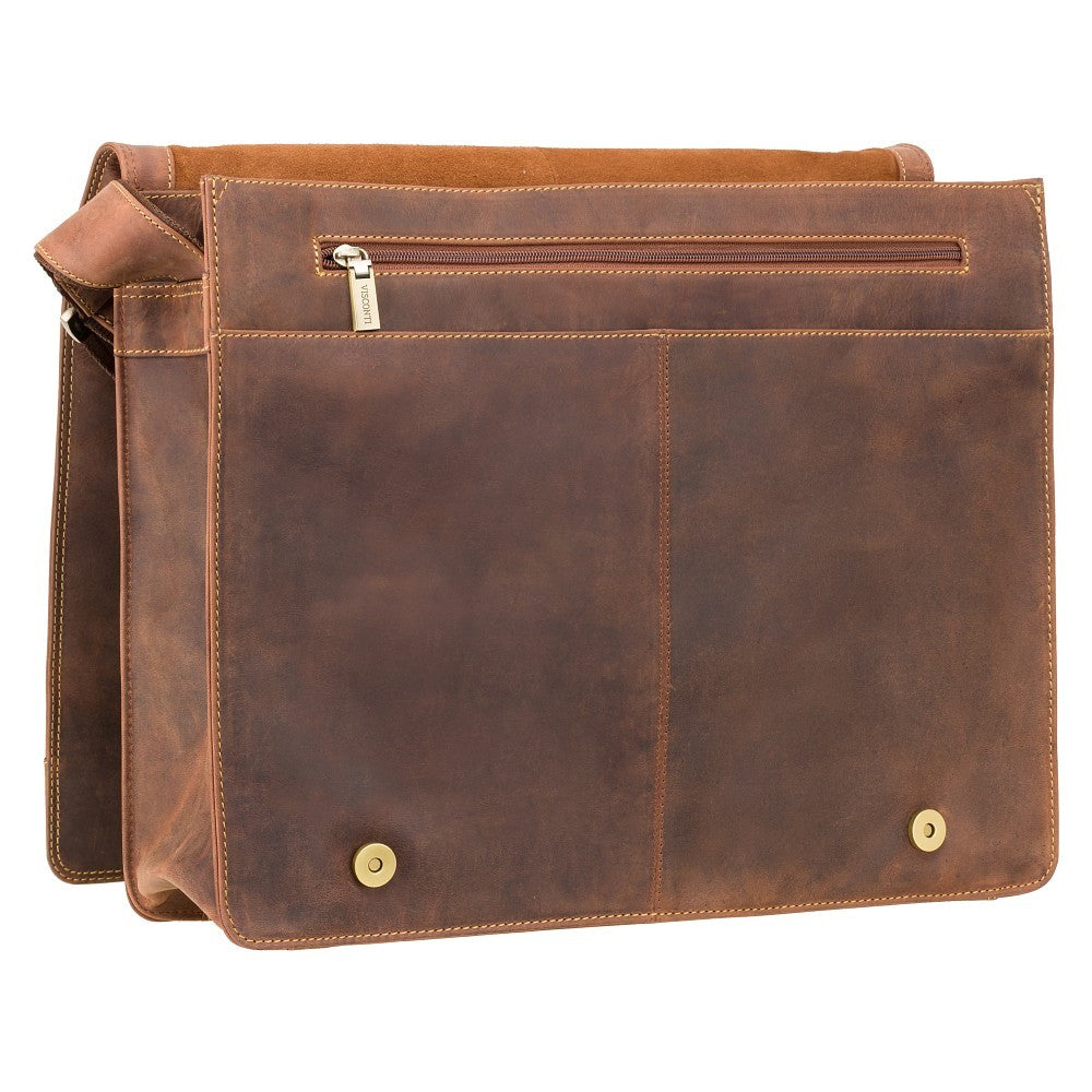Harvard XL oil tan messenger bag, with the flap lifted, showing the front zip pocket