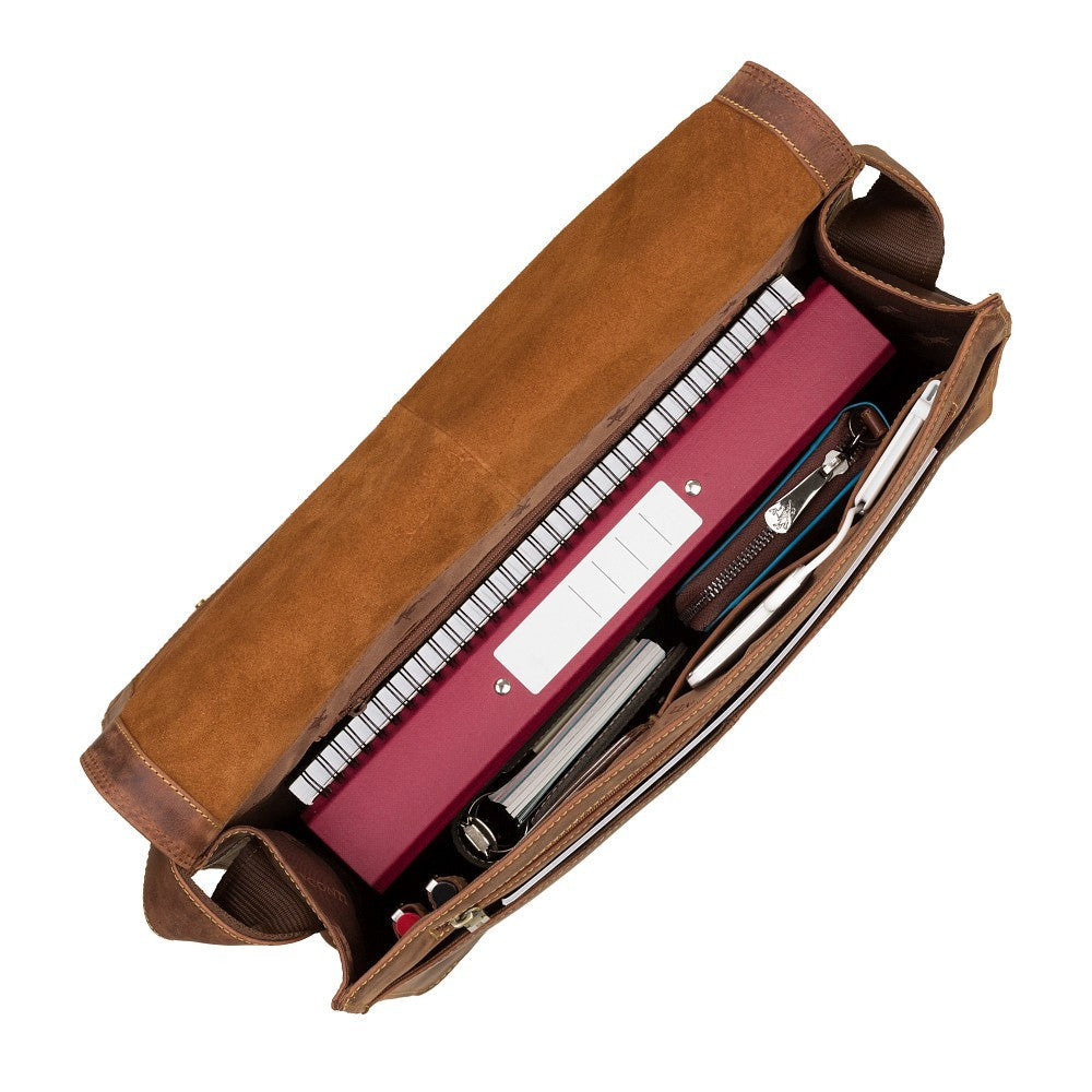 Harvard XL oil tan messenger bag, open from above, showing the organiser pockets