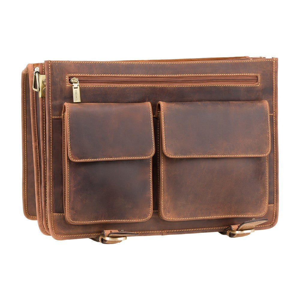 Hulk oil tan briefcase, front with the flap lifted, showing the pockets