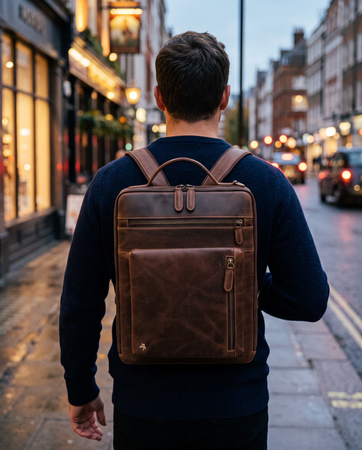 Skylar chestnut brown laptop bag, carried by a model