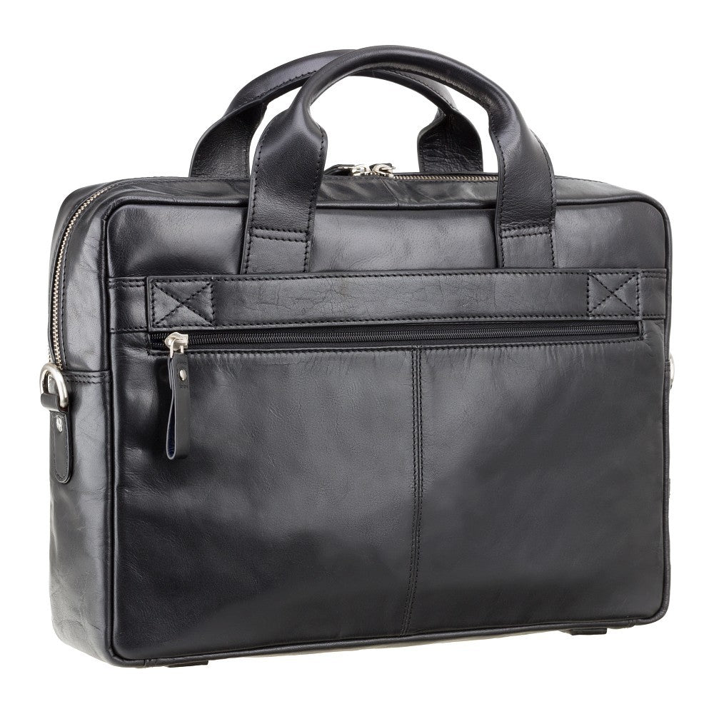 Hugo 15" black laptop bag, back view showing the zip pocket