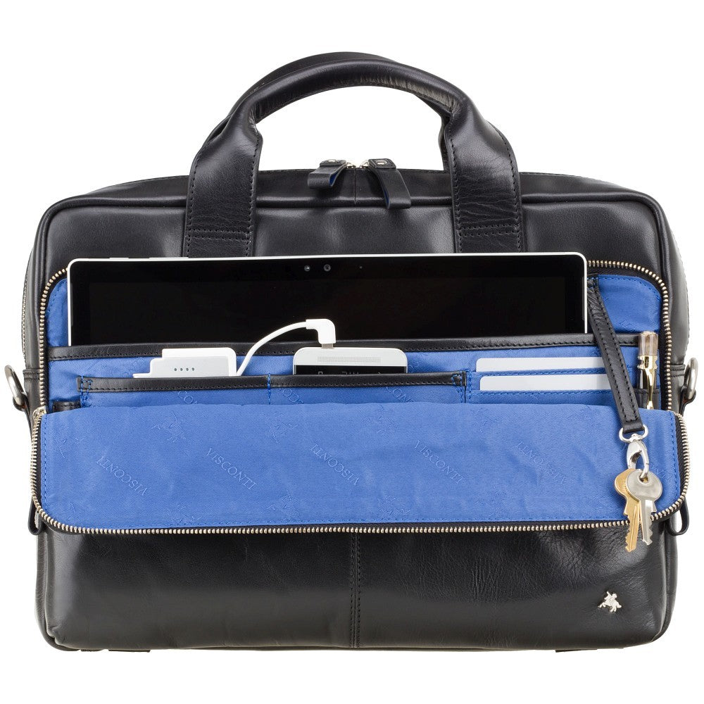 Hugo 15" black laptop bag, front pocket open, showing the organiser