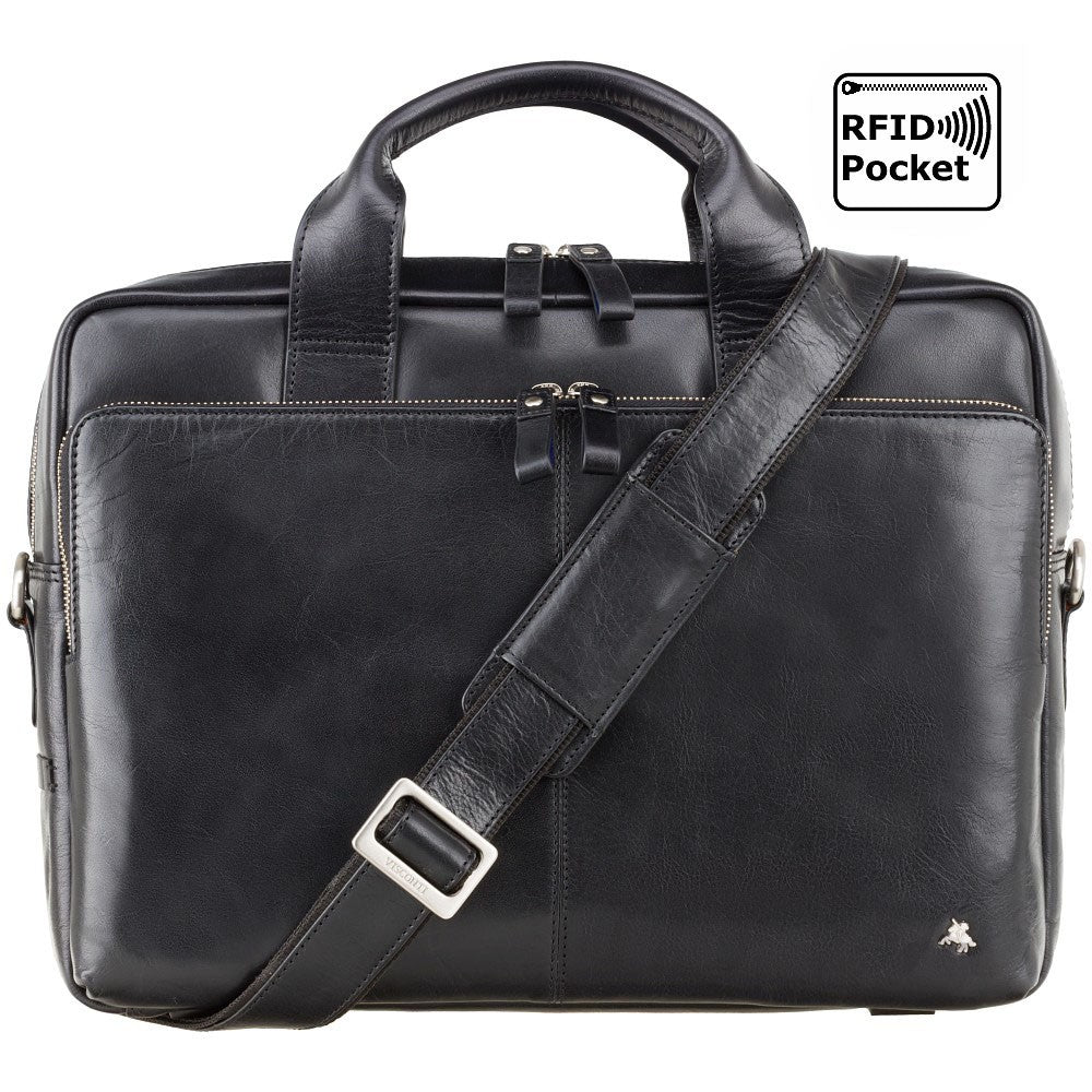 Hugo 15" black laptop bag, front view with shoulder strap