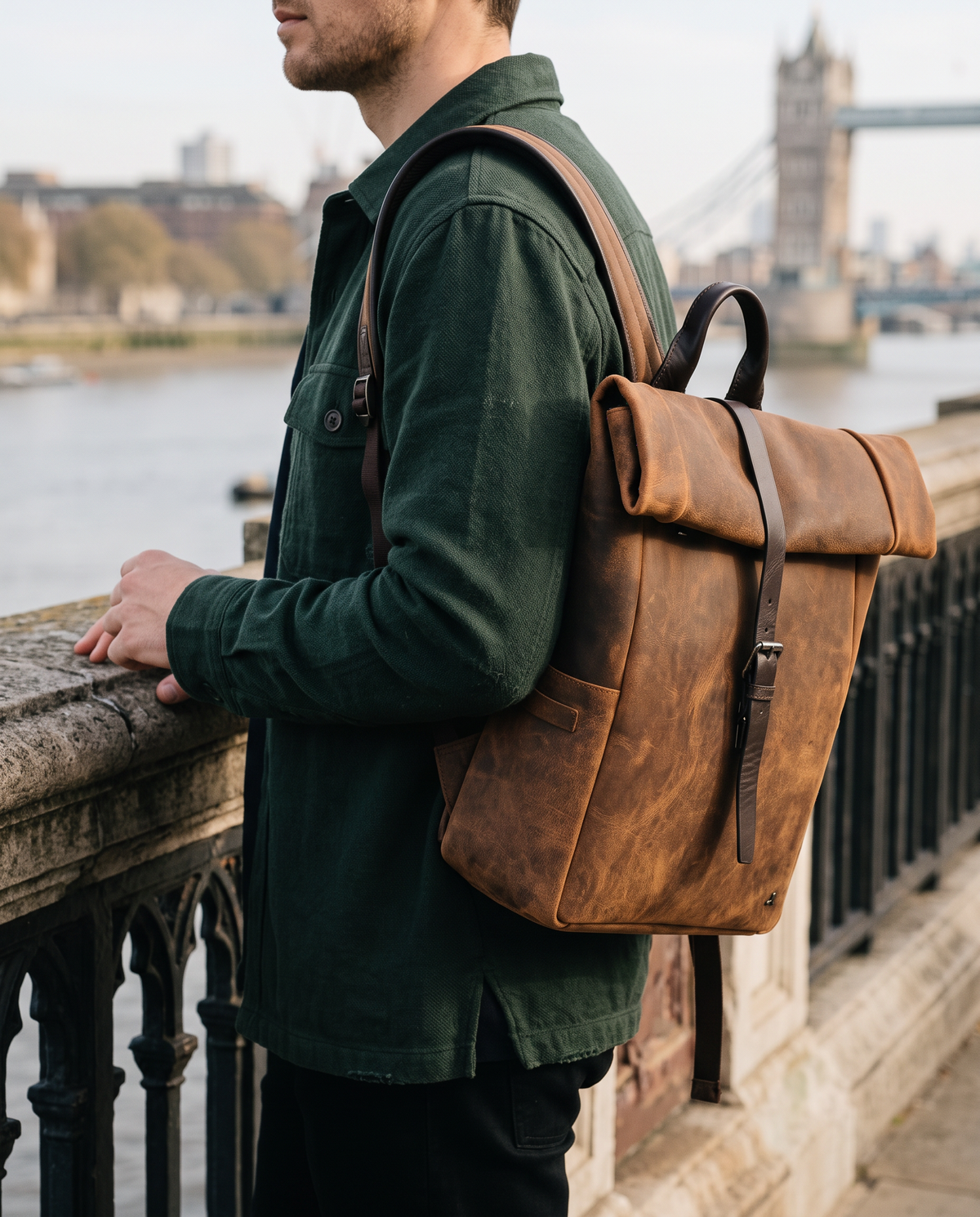 Transporter havana tan backpack, carried by a model