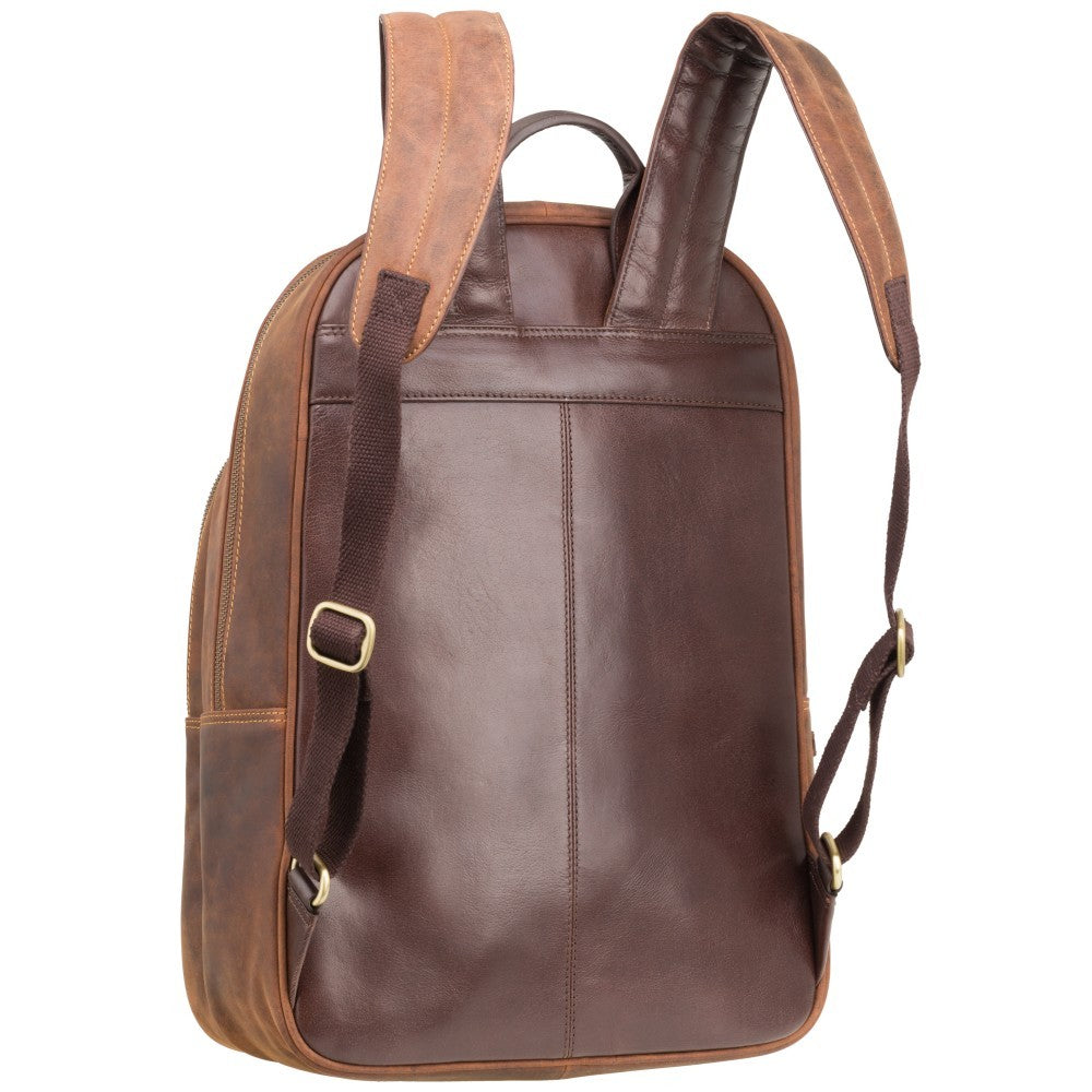 Tank 13" havana tan backpack, back view showing the padded straps