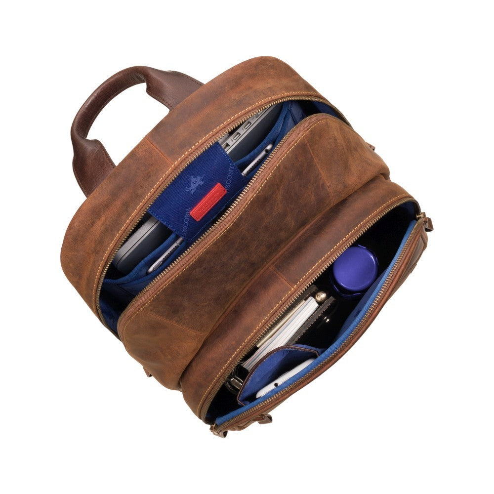 Tank 13" havana tan backpack, open from above, showing the pockets