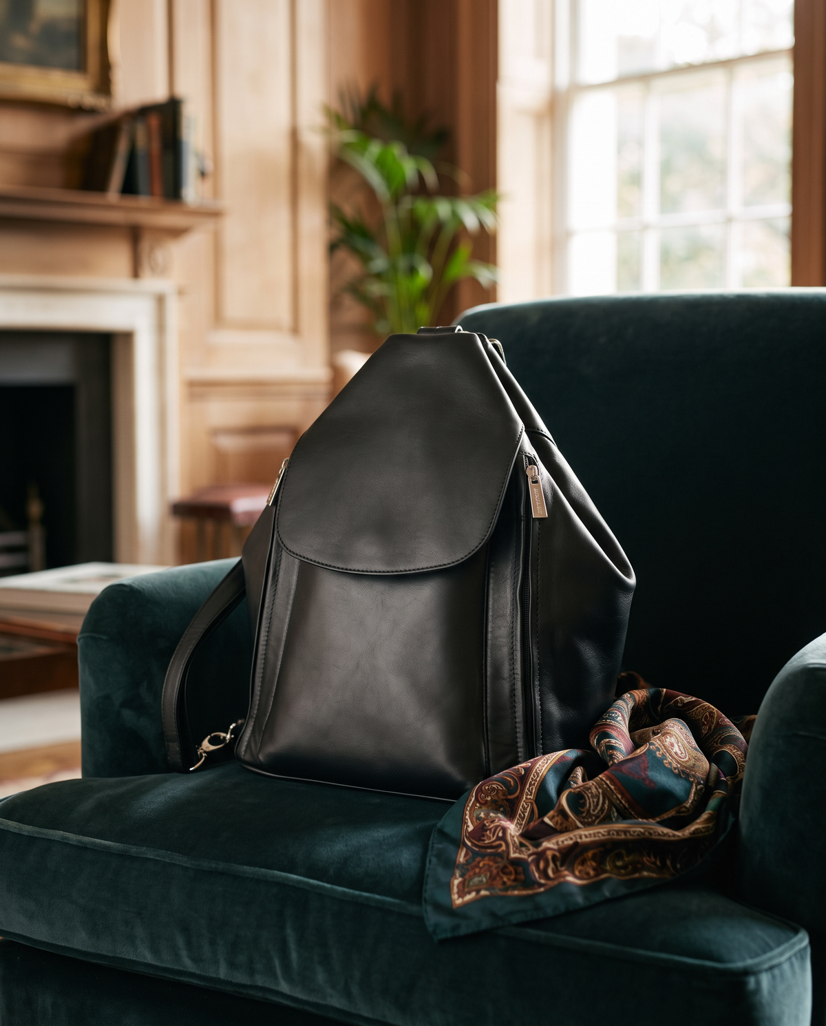 Danii black backpack, styled still life