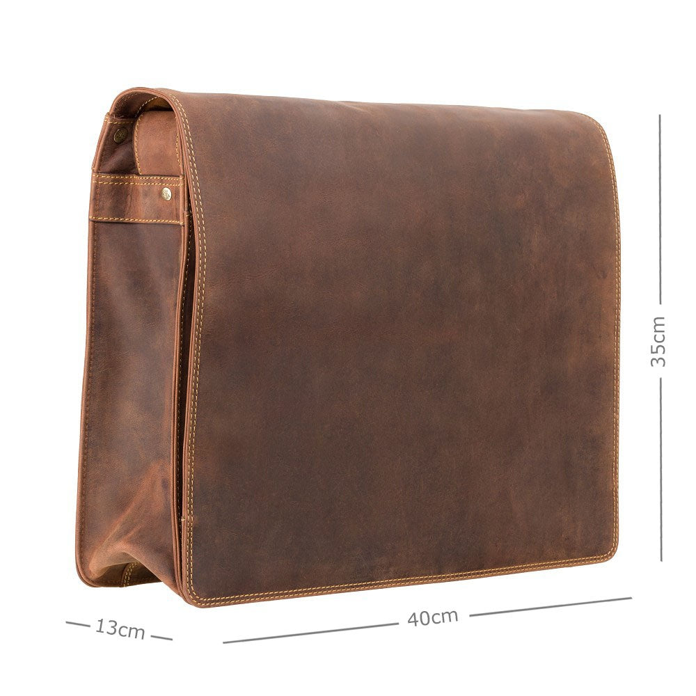 Harvard XL oil tan messenger bag, with dimensions, 40 x 35 x 13 cm
