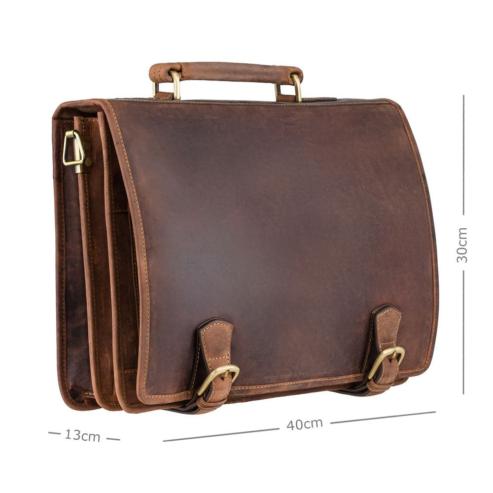 Hulk oil tan briefcase, with dimensions, 40 x 30 x 13 cm