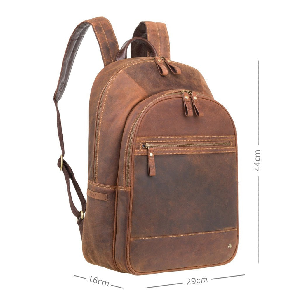 Tank 13" havana tan backpack, with dimensions, 29 x 44 x 16 cm