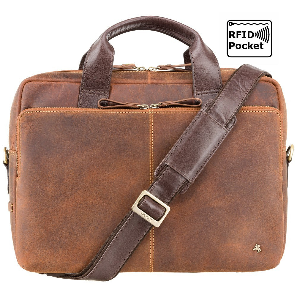 Hugo 15" havana tan and dark brown laptop bag, front view with shoulder strap