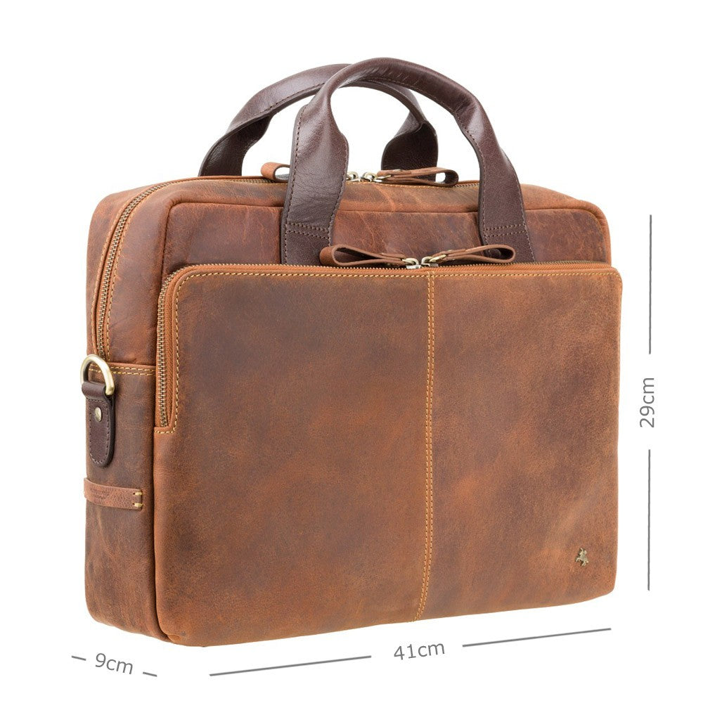 Hugo 15" havana tan and dark brown laptop bag, with dimensions, 41 x 29 x 9 cm