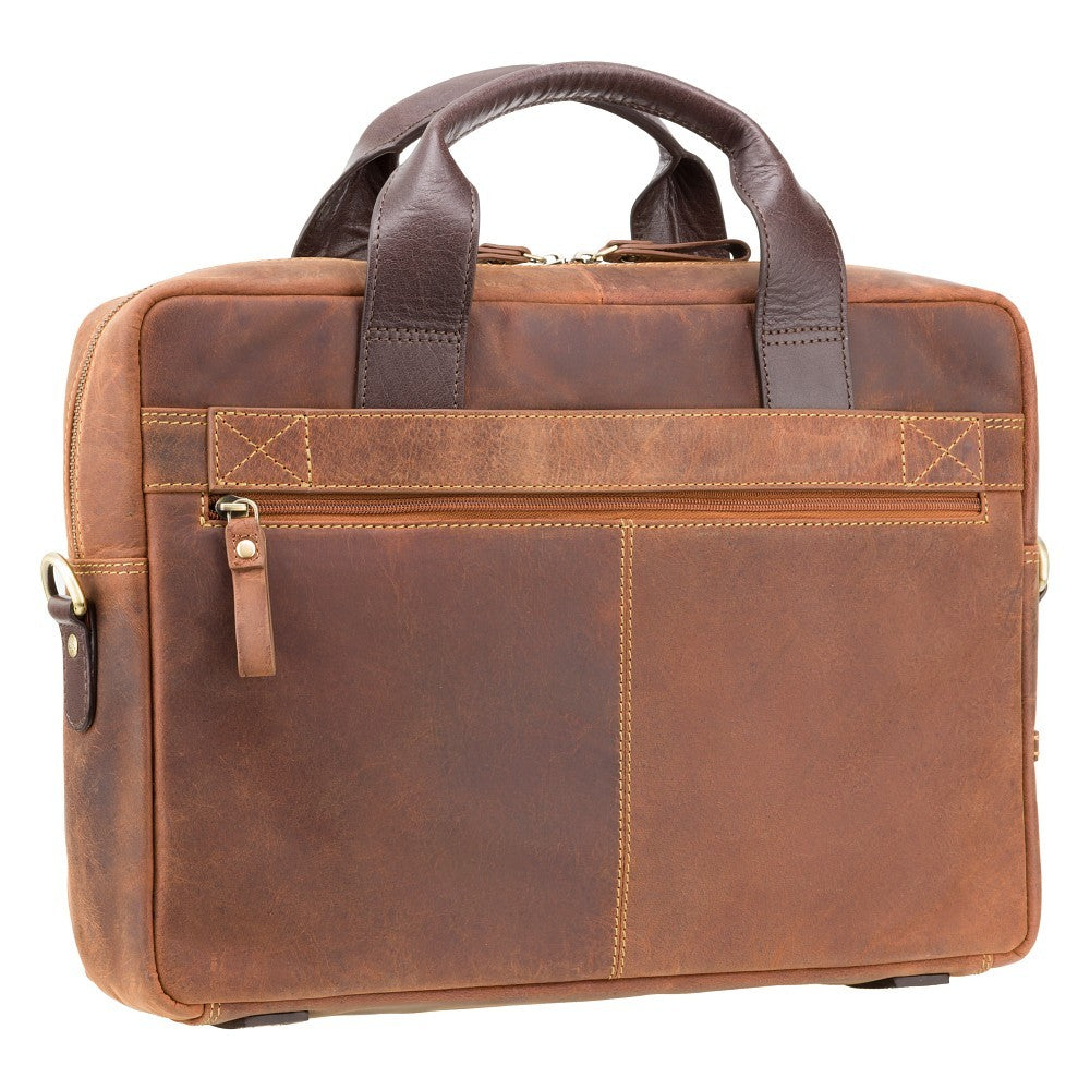 Hugo 15" havana tan and dark brown laptop bag, back view showing the zip pocket