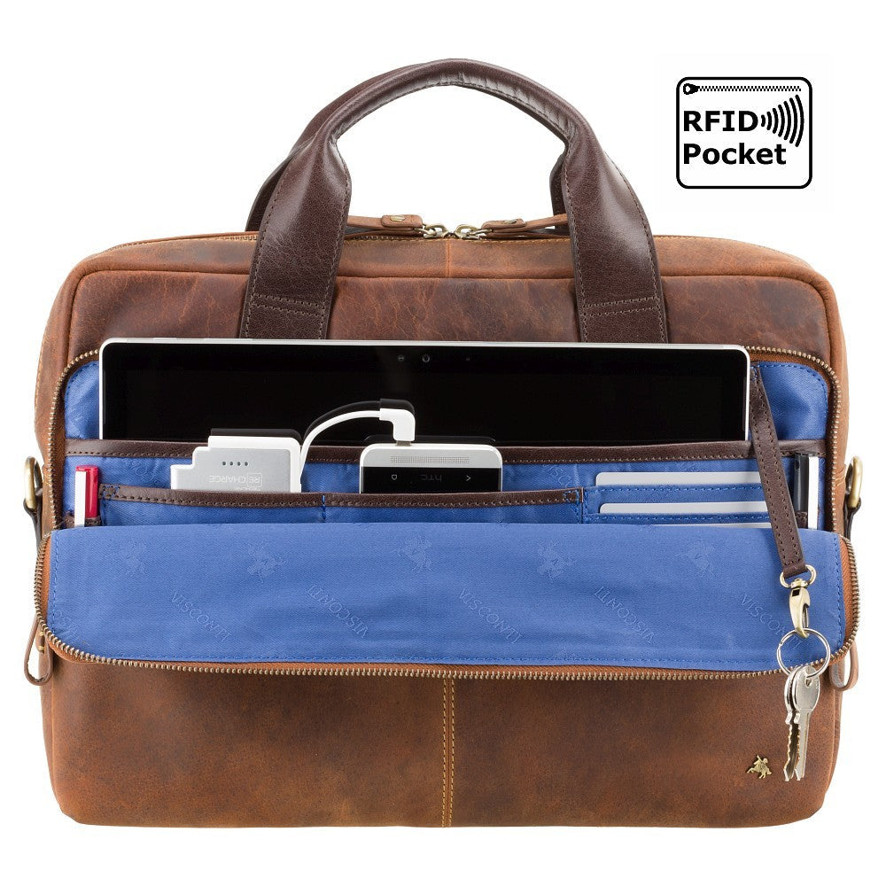 Hugo 15" havana tan and dark brown laptop bag, front pocket open, showing the organiser