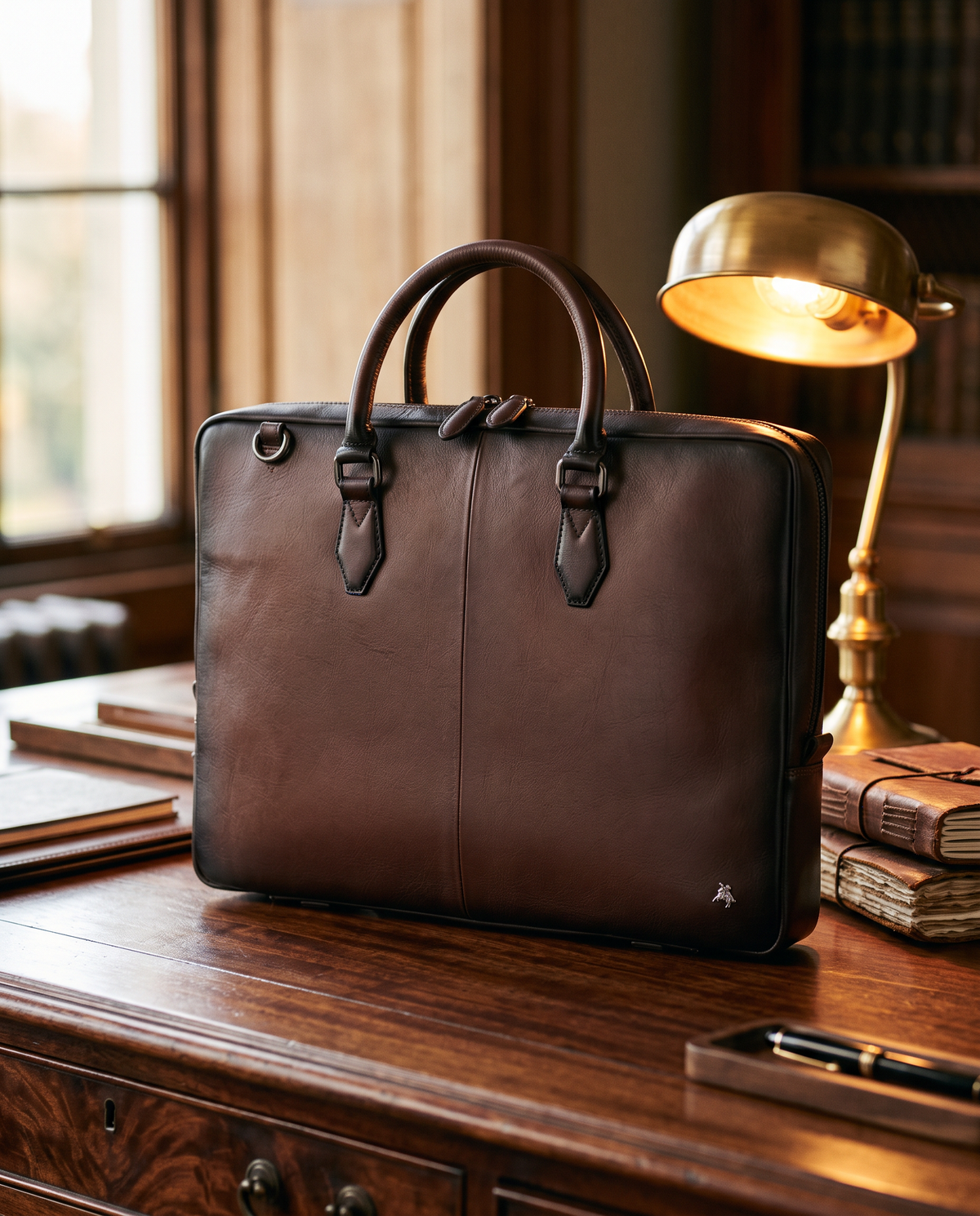 Carl burnished tan laptop bag, styled still life