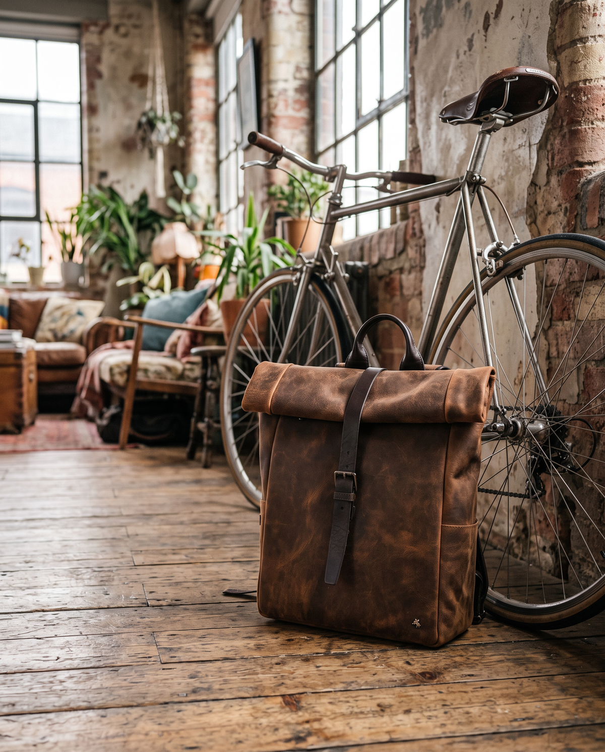 Transporter havana tan backpack, styled still life