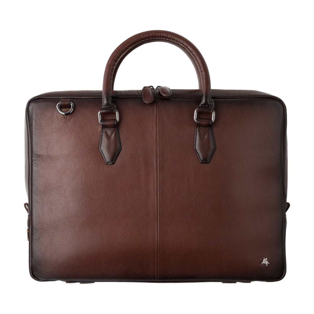 Carl burnished tan laptop bag, front view