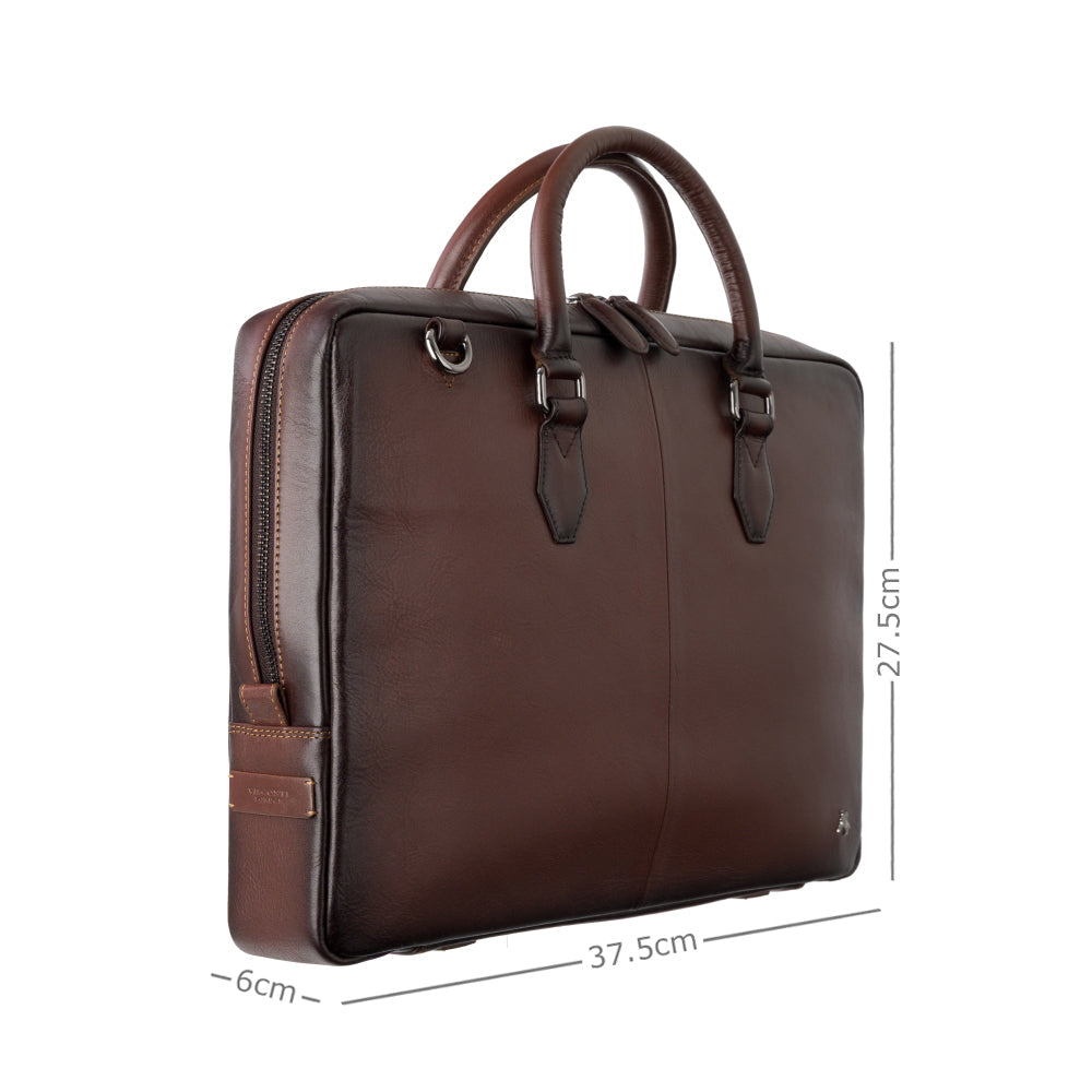 Carl burnished tan laptop bag, with dimensions, 37.5 x 27.5 x 6 cm