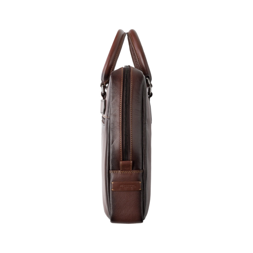Carl burnished tan laptop bag, side view