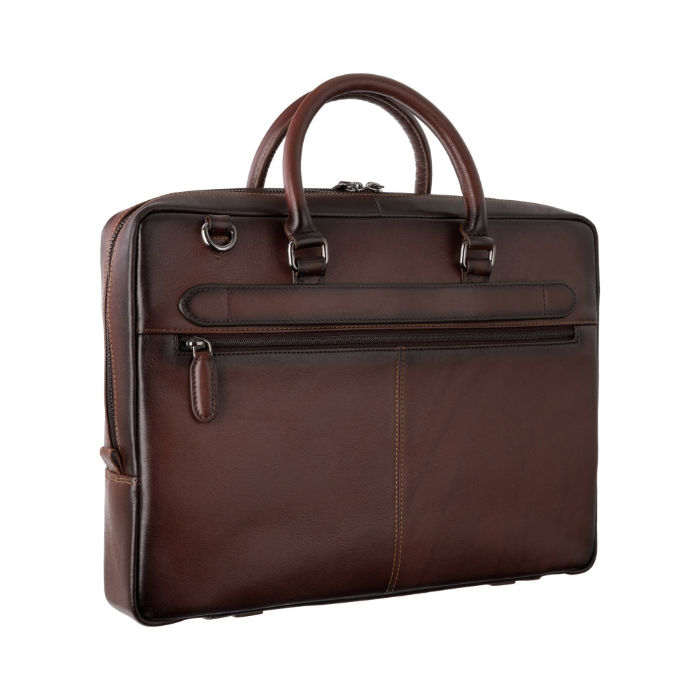 Carl burnished tan laptop bag, back view showing the zip pocket