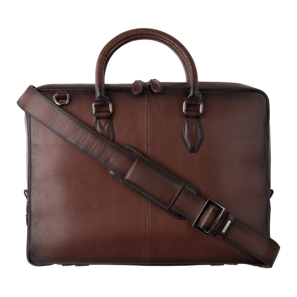 Carl burnished tan laptop bag, with crossbody strap