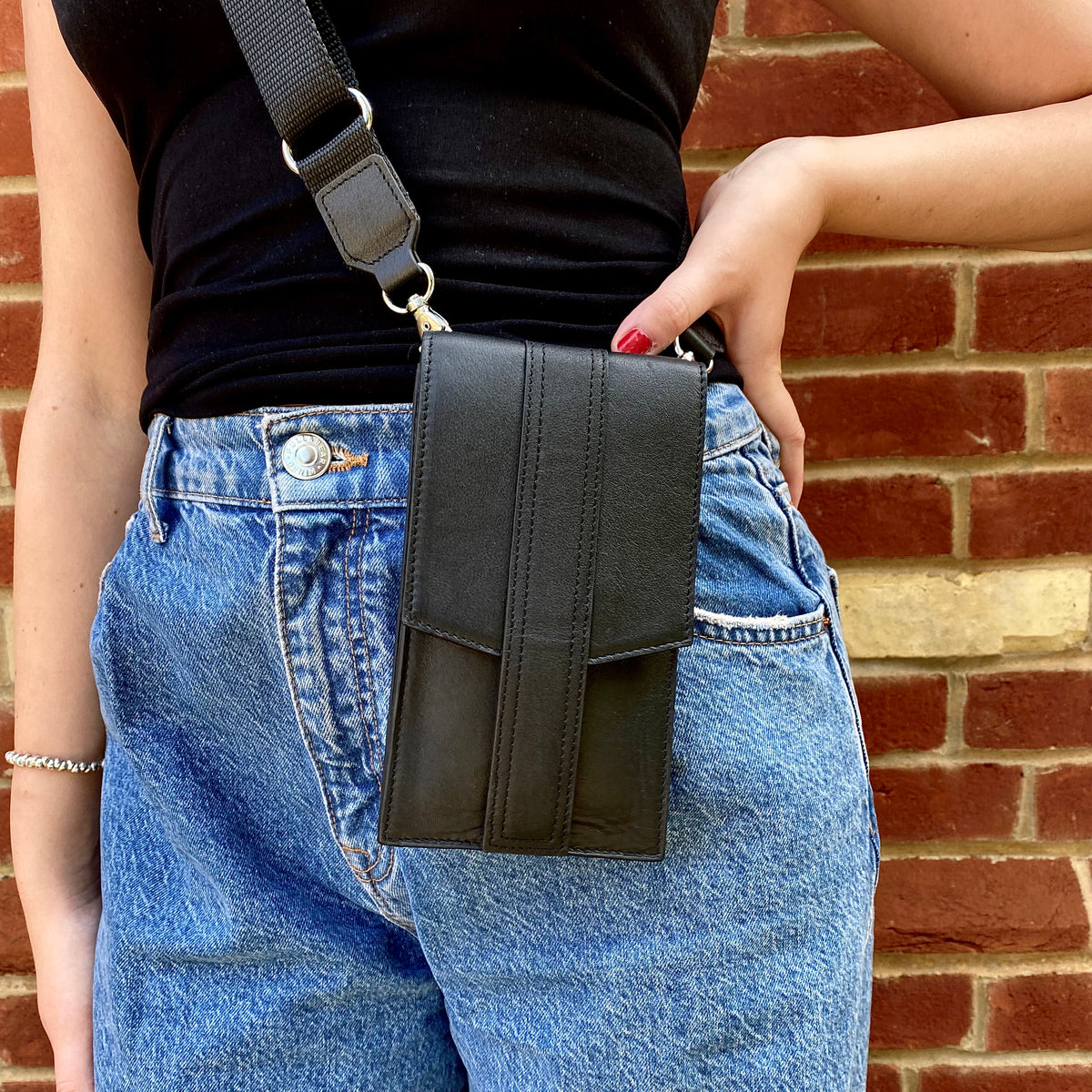 Black Leather Crossbody Phone Bag