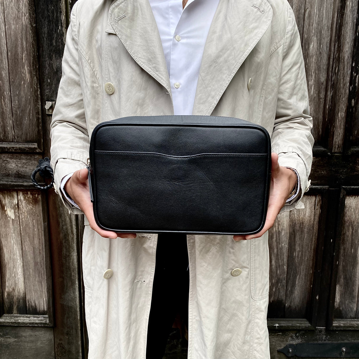Black Leather Zip-Top Wash Bag
