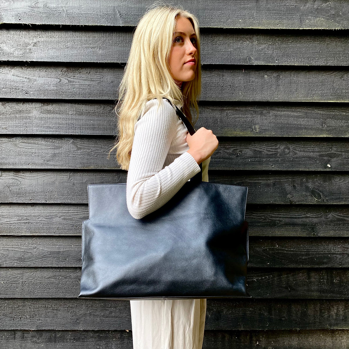 Black Leather Maxi Tote Bag