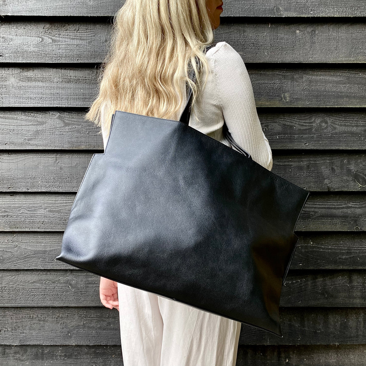 Black Leather Maxi Tote Bag