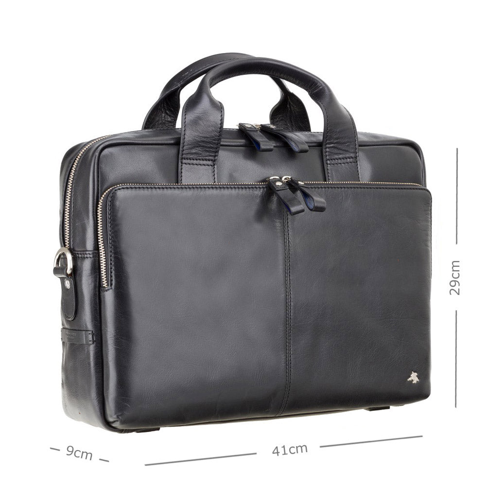 Hugo 15" black laptop bag, with dimensions, 41 x 29 x 9 cm