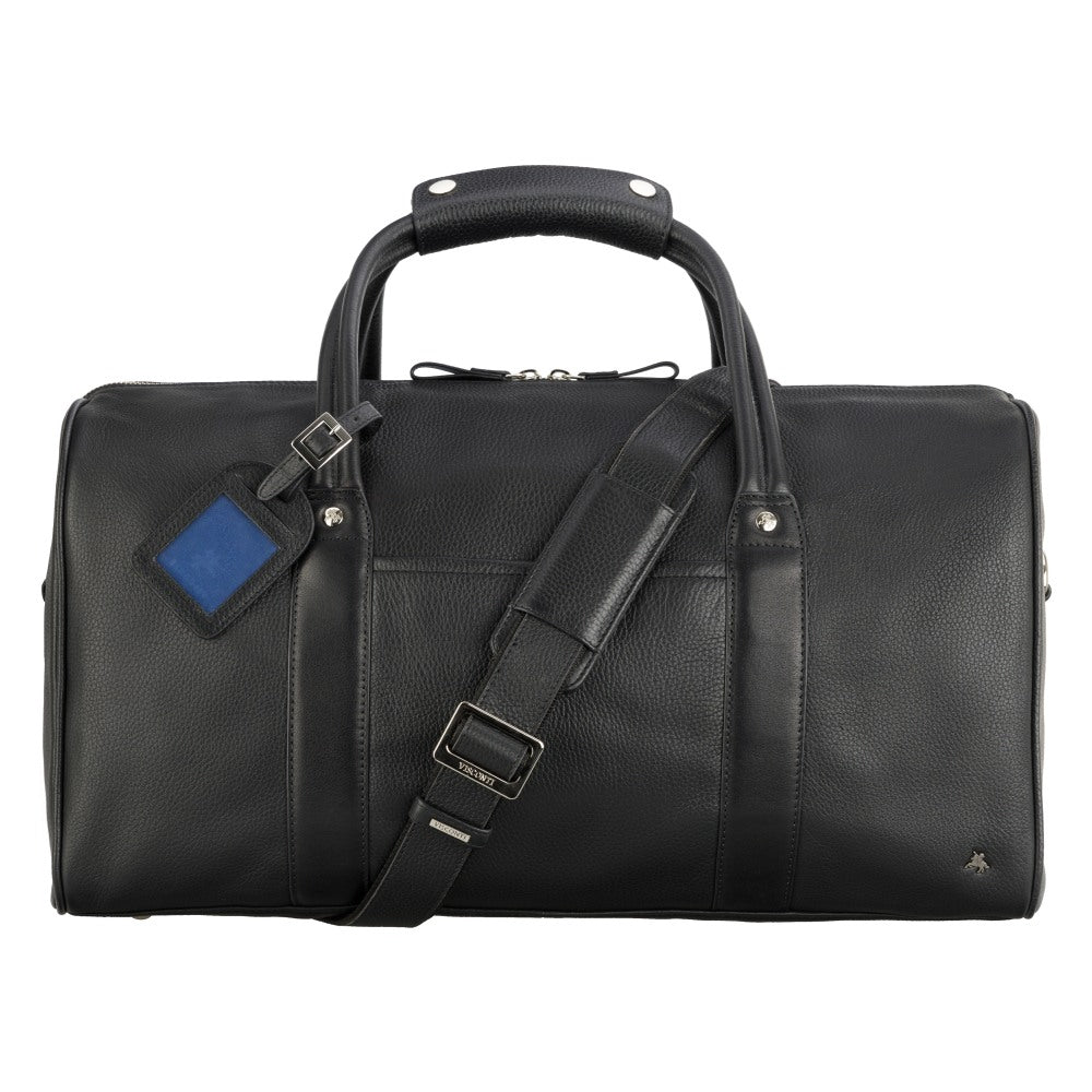 Explorer black holdall, front view with shoulder strap