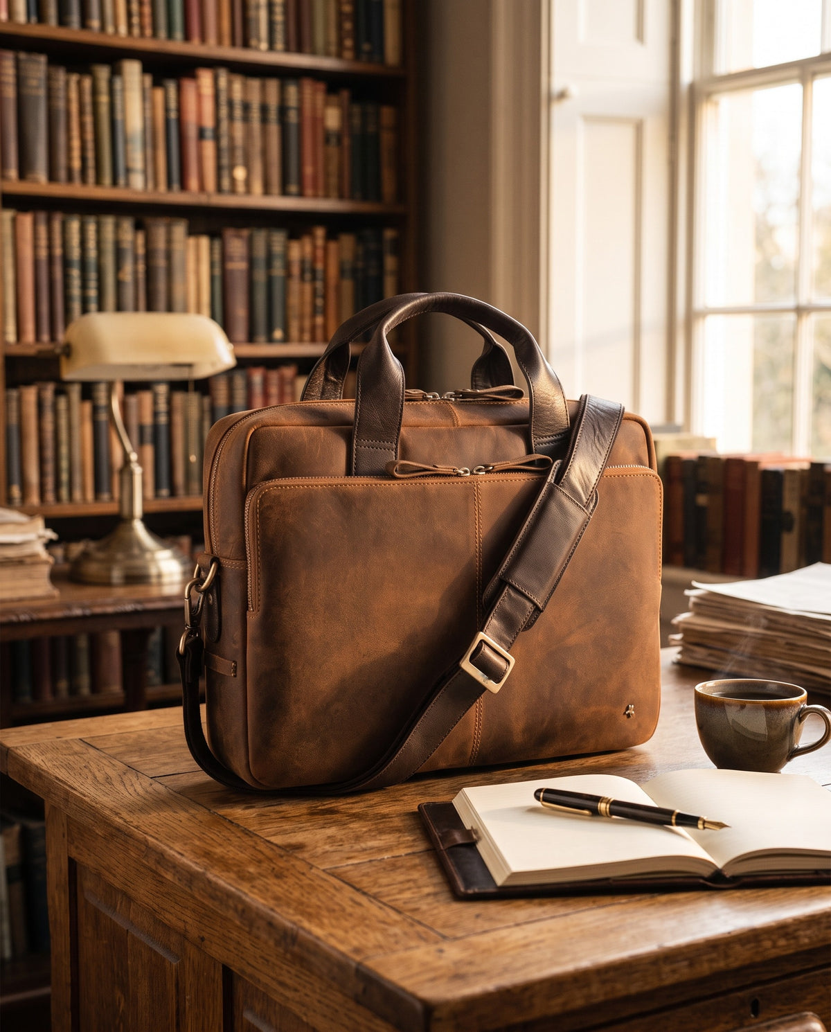 Hugo 15" havana tan and dark brown laptop bag, styled still life