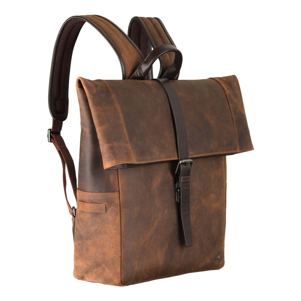 Transporter havana tan backpack, angled view