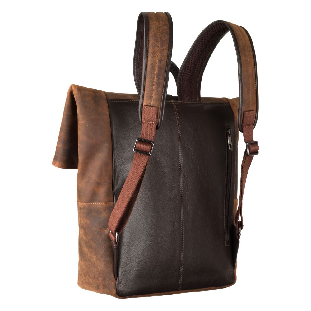 Transporter havana tan backpack, back view showing the straps and zip pocket