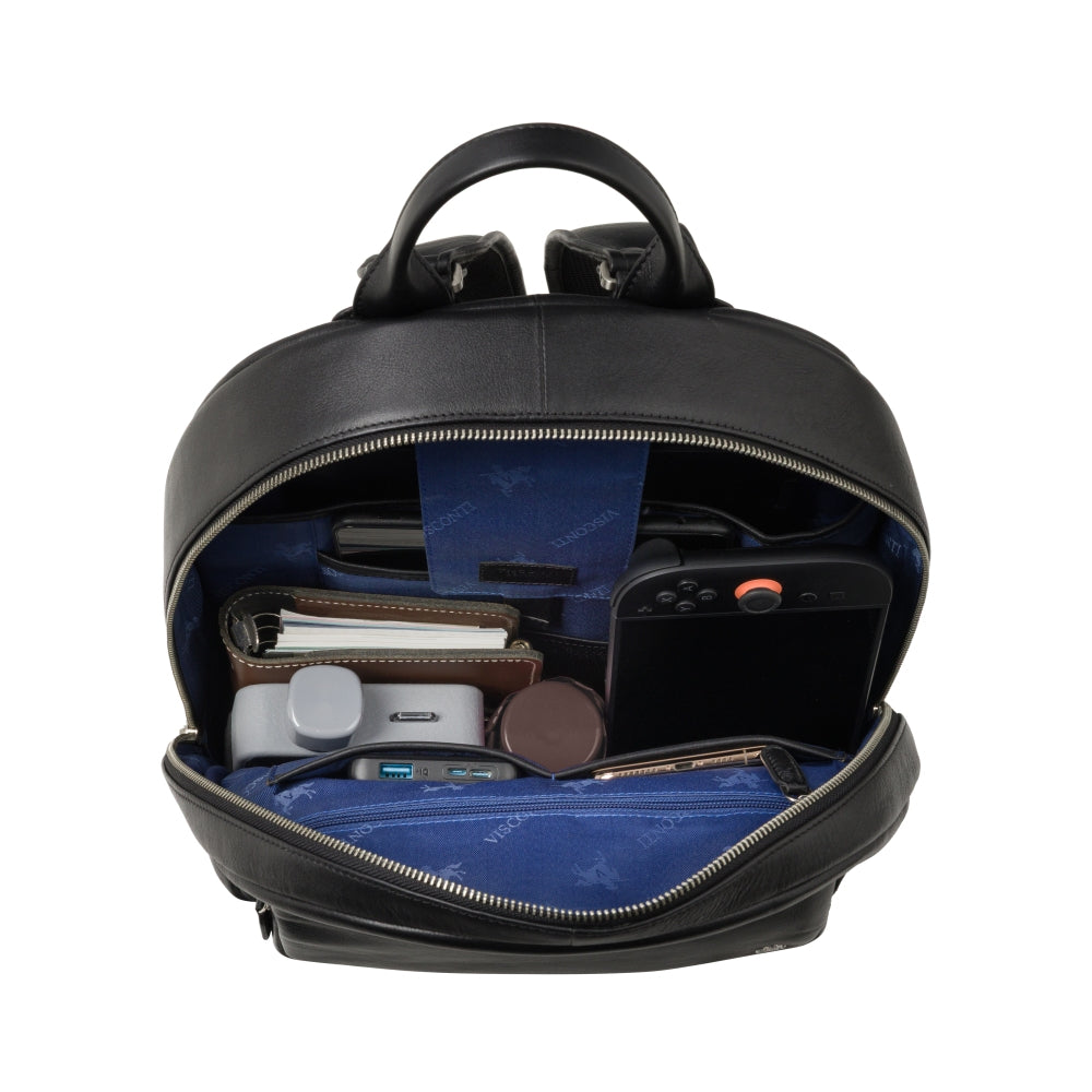 Warrior 14" black backpack, open from above, showing the organiser pockets
